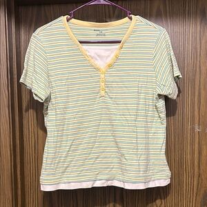 Basic Editions Yellow and Aqua Striped Henley Tee